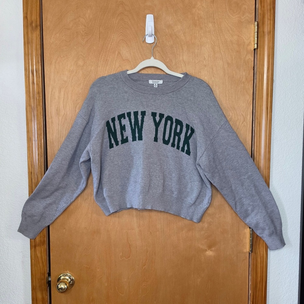 New York Graphic Sweater Grey Green Collegiate Varsity Streetwear Preppy ize M
